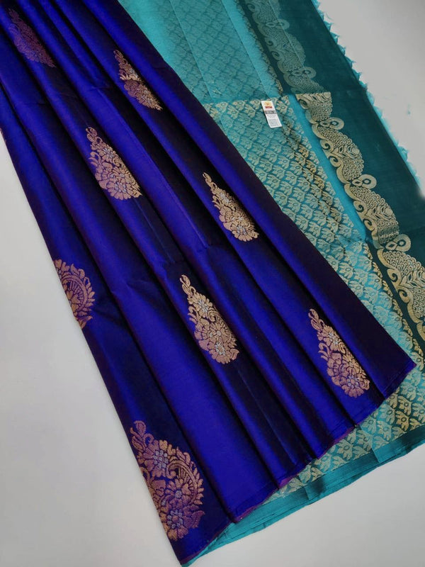 R Blue Nd Rama Colour Soft Lichi Silk Saree