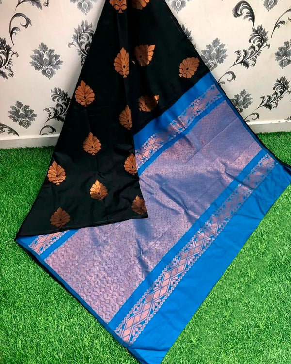 Black Nd Blue Colour Soft Lichi Silk Saree