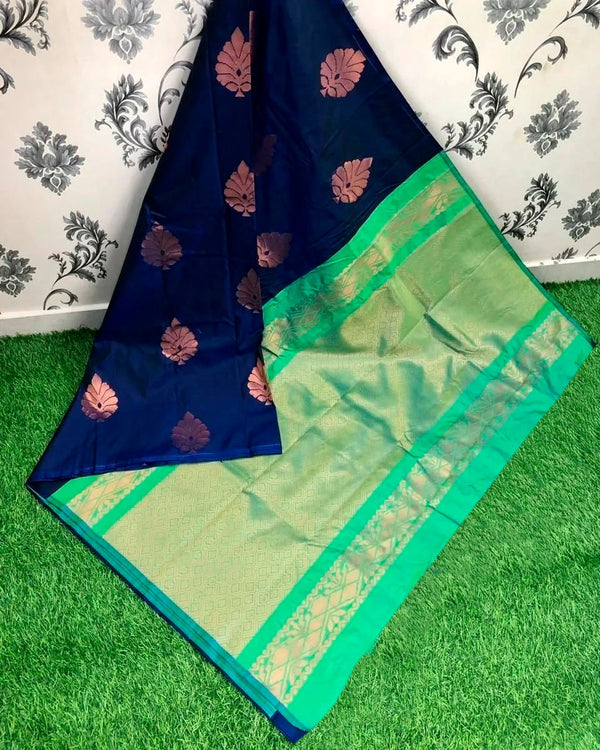 Blue Nd C Green Colour Soft Lichi Silk Saree