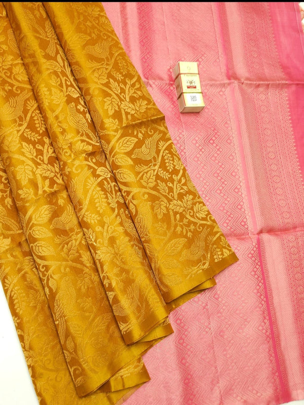 Yellow Nd Peach Colour Soft Lichi Silk Saree