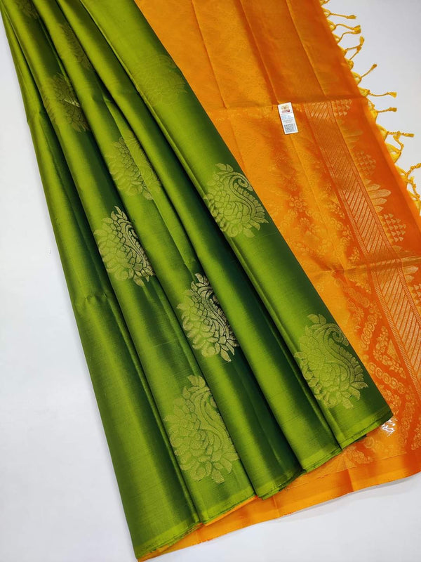 Pista Green Nd Orange Colour Soft Lichi Silk Saree