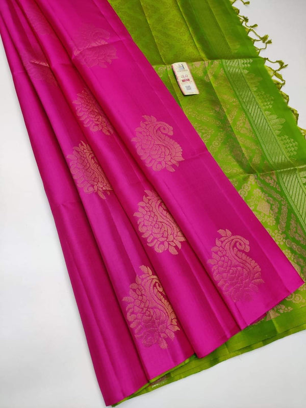 Pink Nd Green Colour Soft Lichi Silk Saree