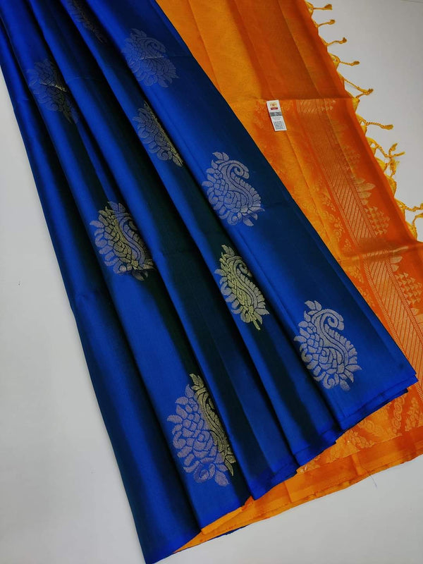Blue Nd Orange Colour Soft Lichi Silk Saree