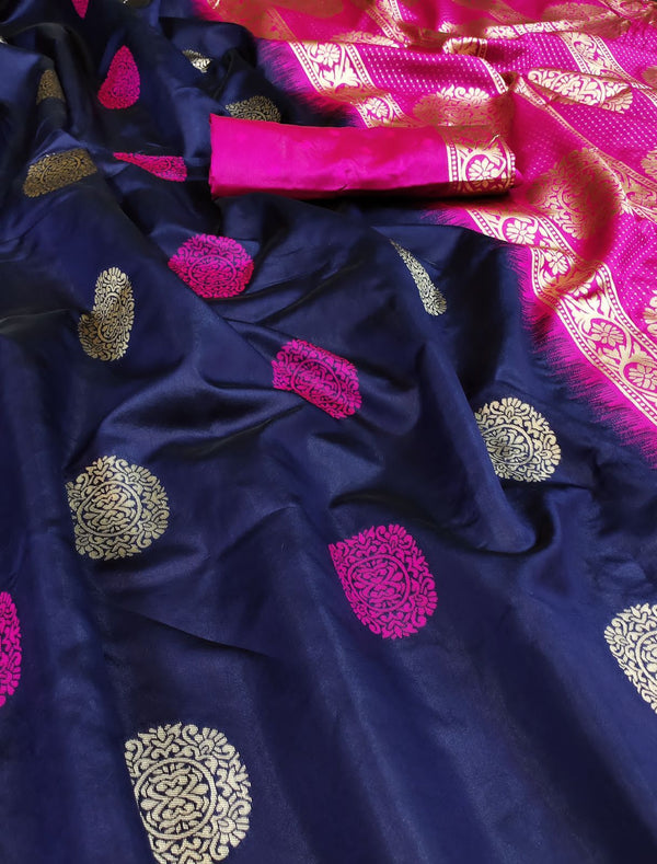 Blue Nd Pink Colour Soft Lichi Silk Saree