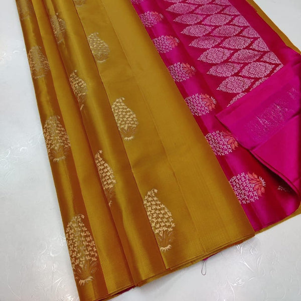 Yellow Nd Pink  Colour Soft Lichi Silk Saree