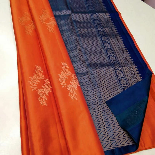 Orange Nd Blue Colour Soft Lichi Silk Saree