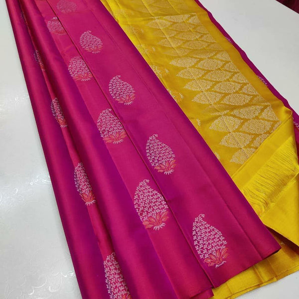 Pink Nd Yellow Colour Soft Lichi Silk Saree